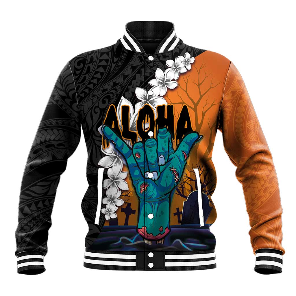 Hawaiian Halloween Baseball Jacket Horror Shaka Hand with Plumeria and Polynesian Tattoo Autumn Color