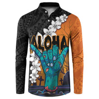 Hawaiian Halloween Button Sweatshirt Horror Shaka Hand with Plumeria and Polynesian Tattoo Autumn Color