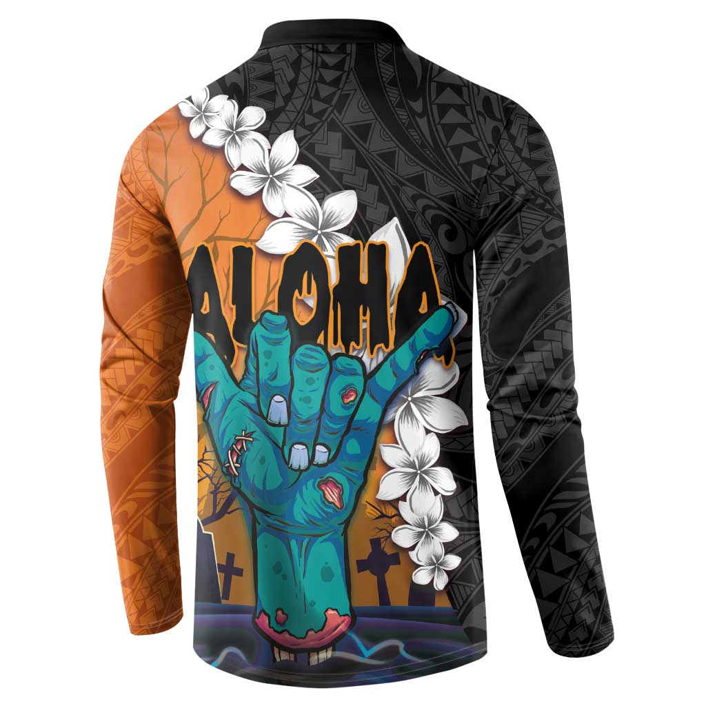 Hawaiian Halloween Button Sweatshirt Horror Shaka Hand with Plumeria and Polynesian Tattoo Autumn Color