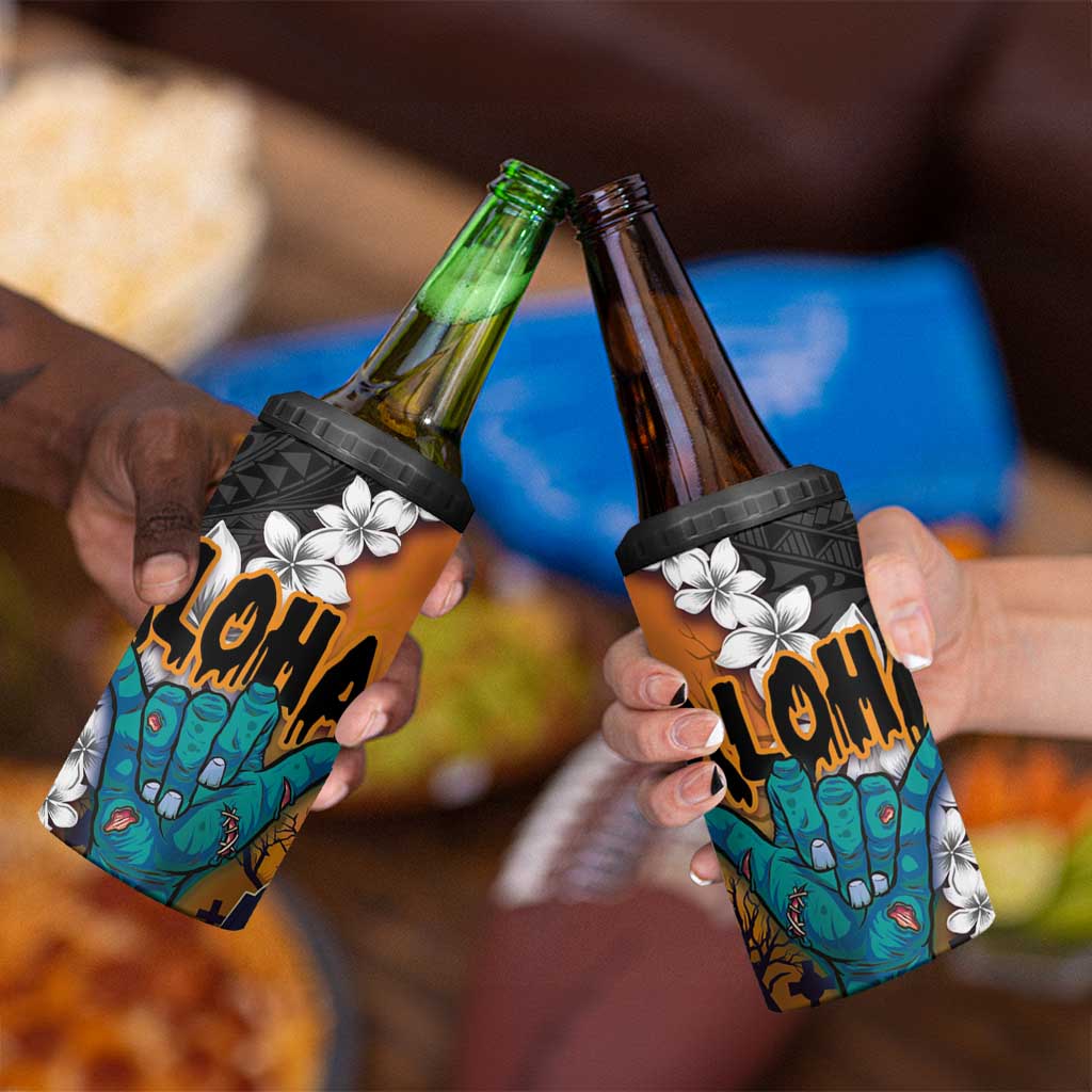 Hawaiian Halloween 4 in 1 Can Cooler Tumbler Horror Shaka Hand with Plumeria and Polynesian Tattoo Autumn Color LT03 - Polynesian Pride