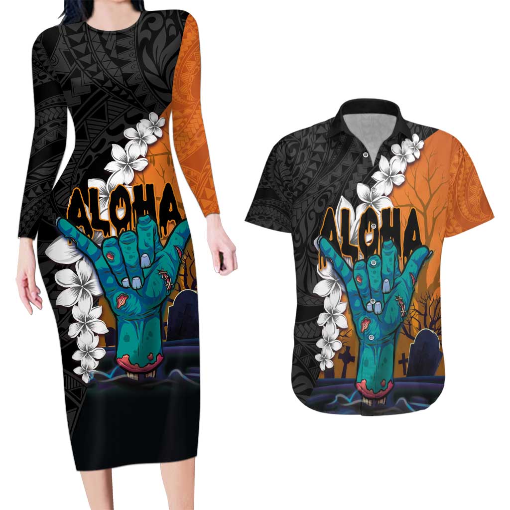 Hawaiian Halloween Couples Matching Long Sleeve Bodycon Dress and Hawaiian Shirt Horror Shaka Hand with Plumeria and Polynesian Tattoo Autumn Color LT03 Orange - Polynesian Pride