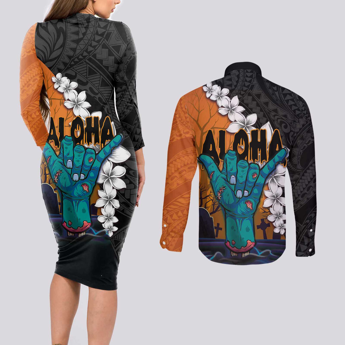 Hawaiian Halloween Couples Matching Long Sleeve Bodycon Dress and Long Sleeve Button Shirt Horror Shaka Hand with Plumeria and Polynesian Tattoo Autumn Color LT03 - Polynesian Pride