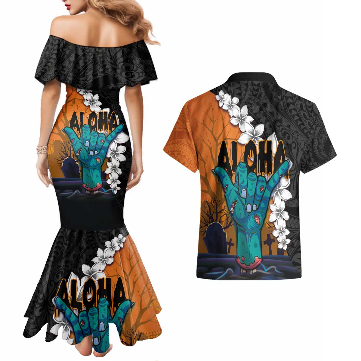 Hawaiian Halloween Couples Matching Mermaid Dress and Hawaiian Shirt Horror Shaka Hand with Plumeria and Polynesian Tattoo Autumn Color LT03 - Polynesian Pride