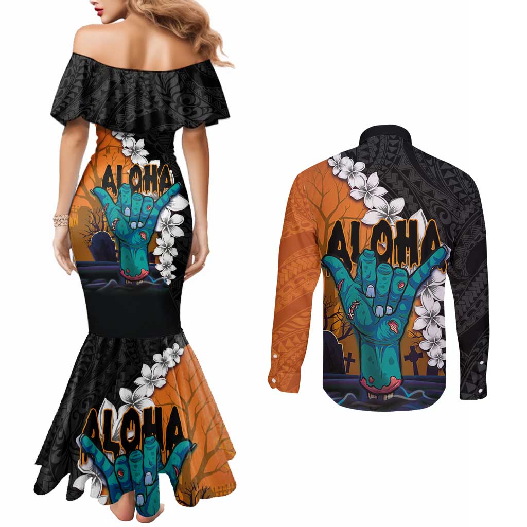 Hawaiian Halloween Couples Matching Mermaid Dress and Long Sleeve Button Shirt Horror Shaka Hand with Plumeria and Polynesian Tattoo Autumn Color LT03 - Polynesian Pride