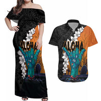 Hawaiian Halloween Couples Matching Off Shoulder Maxi Dress and Hawaiian Shirt Horror Shaka Hand with Plumeria and Polynesian Tattoo Autumn Color LT03 Orange - Polynesian Pride