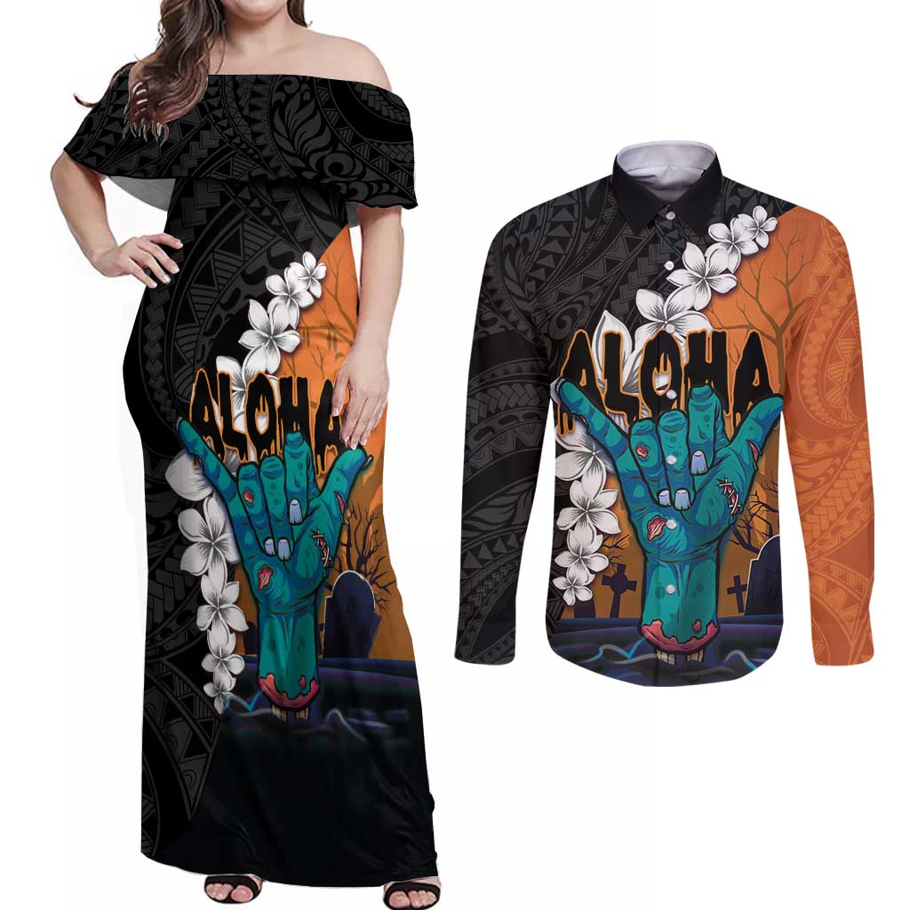 Hawaiian Halloween Couples Matching Off Shoulder Maxi Dress and Long Sleeve Button Shirt Horror Shaka Hand with Plumeria and Polynesian Tattoo Autumn Color LT03 Orange - Polynesian Pride