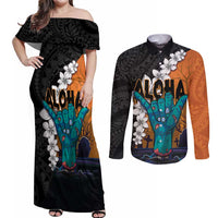 Hawaiian Halloween Couples Matching Off Shoulder Maxi Dress and Long Sleeve Button Shirt Horror Shaka Hand with Plumeria and Polynesian Tattoo Autumn Color LT03 Orange - Polynesian Pride