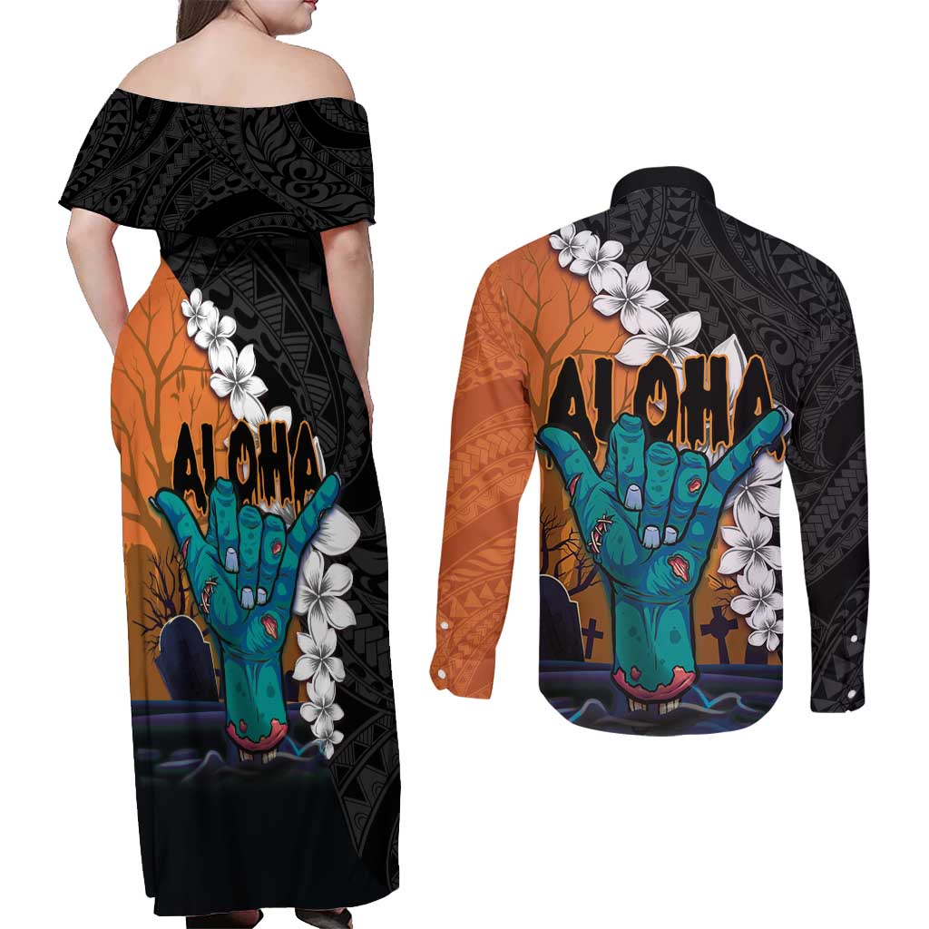 Hawaiian Halloween Couples Matching Off Shoulder Maxi Dress and Long Sleeve Button Shirt Horror Shaka Hand with Plumeria and Polynesian Tattoo Autumn Color LT03 - Polynesian Pride