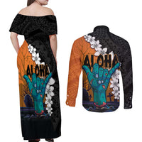 Hawaiian Halloween Couples Matching Off Shoulder Maxi Dress and Long Sleeve Button Shirt Horror Shaka Hand with Plumeria and Polynesian Tattoo Autumn Color LT03 - Polynesian Pride