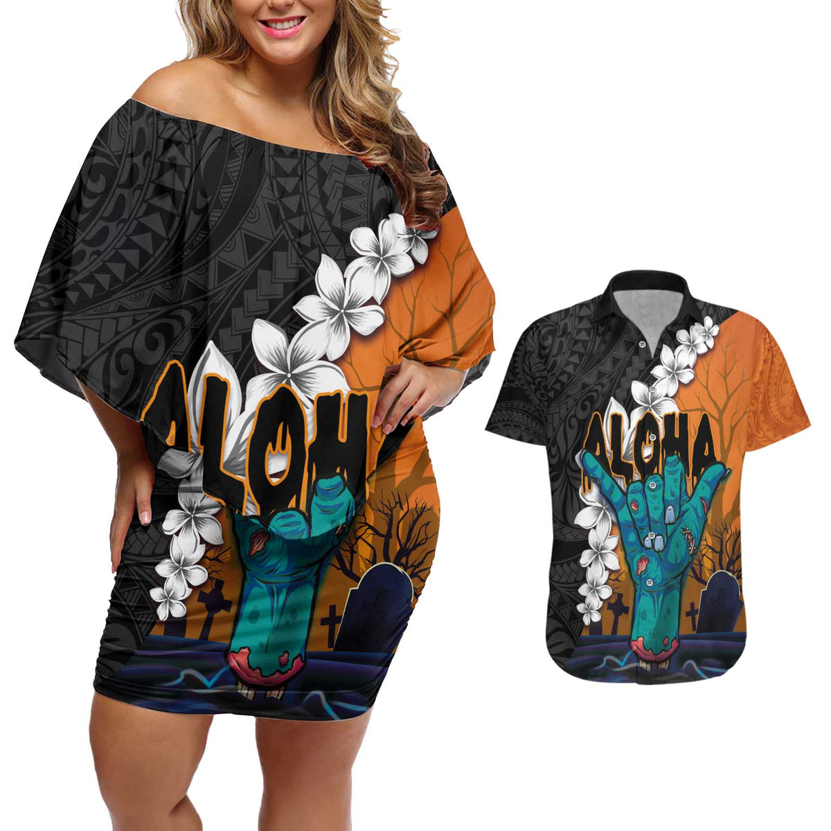 Hawaiian Halloween Couples Matching Off Shoulder Short Dress and Hawaiian Shirt Horror Shaka Hand with Plumeria and Polynesian Tattoo Autumn Color LT03 Orange - Polynesian Pride