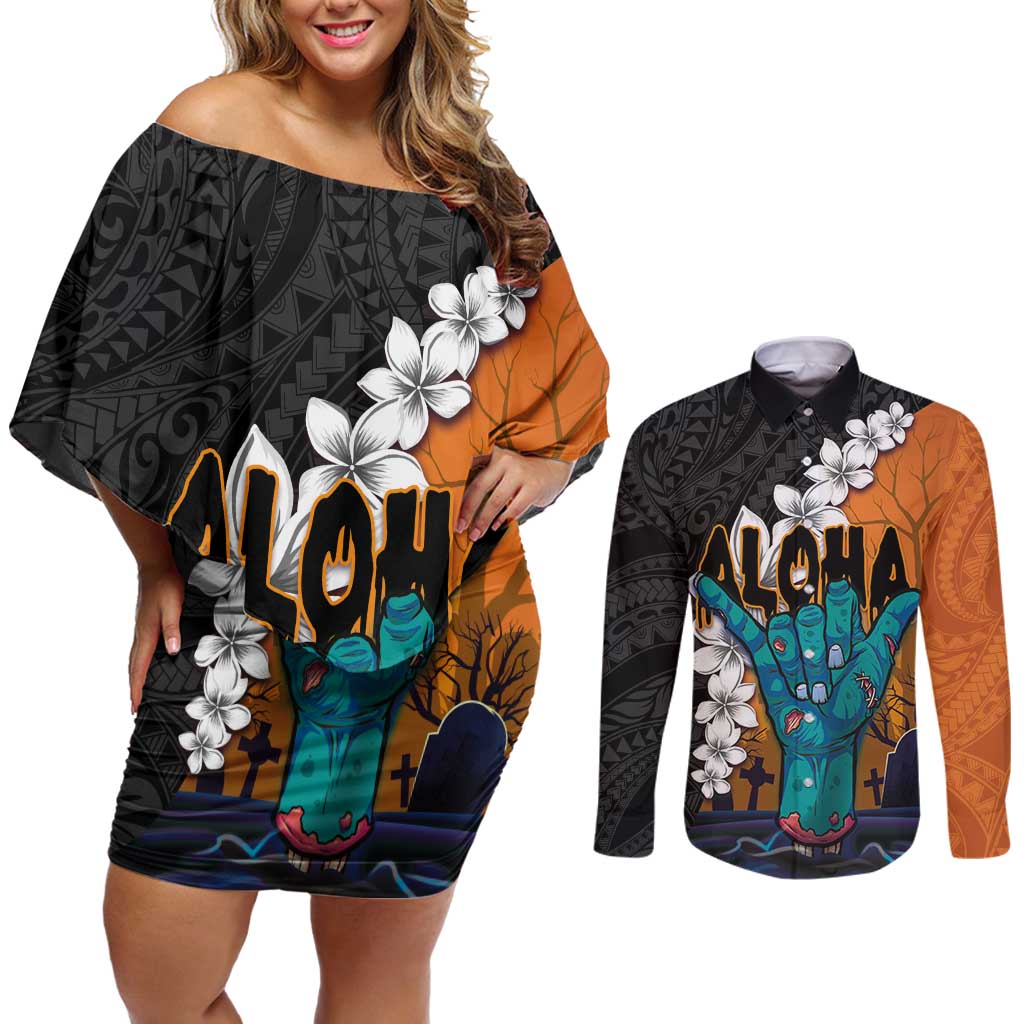Hawaiian Halloween Couples Matching Off Shoulder Short Dress and Long Sleeve Button Shirt Horror Shaka Hand with Plumeria and Polynesian Tattoo Autumn Color LT03 Orange - Polynesian Pride