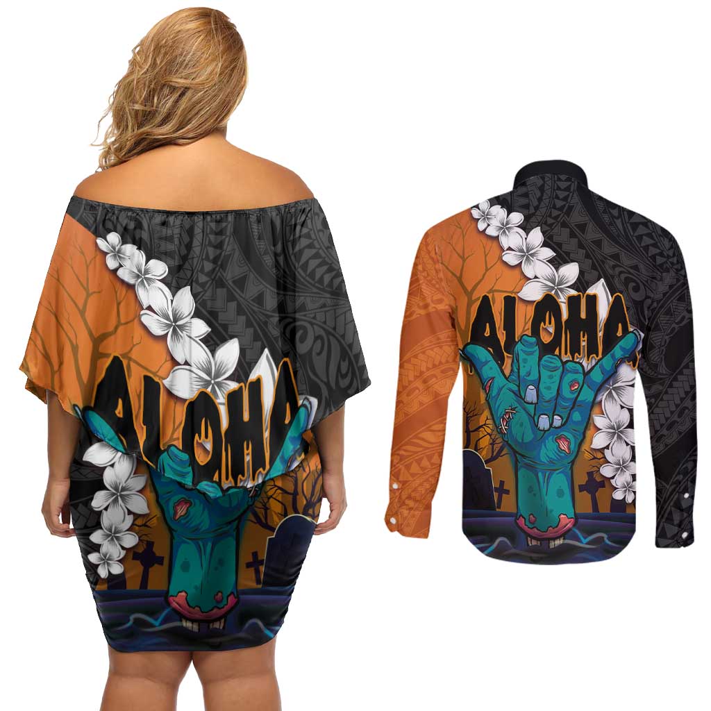 Hawaiian Halloween Couples Matching Off Shoulder Short Dress and Long Sleeve Button Shirt Horror Shaka Hand with Plumeria and Polynesian Tattoo Autumn Color LT03 - Polynesian Pride