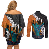 Hawaiian Halloween Couples Matching Off Shoulder Short Dress and Long Sleeve Button Shirt Horror Shaka Hand with Plumeria and Polynesian Tattoo Autumn Color LT03 - Polynesian Pride
