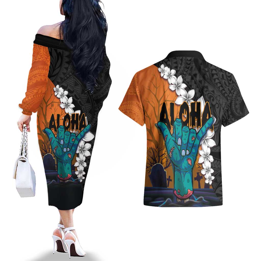 Hawaiian Halloween Couples Matching Off The Shoulder Long Sleeve Dress and Hawaiian Shirt Horror Shaka Hand with Plumeria and Polynesian Tattoo Autumn Color LT03 - Polynesian Pride