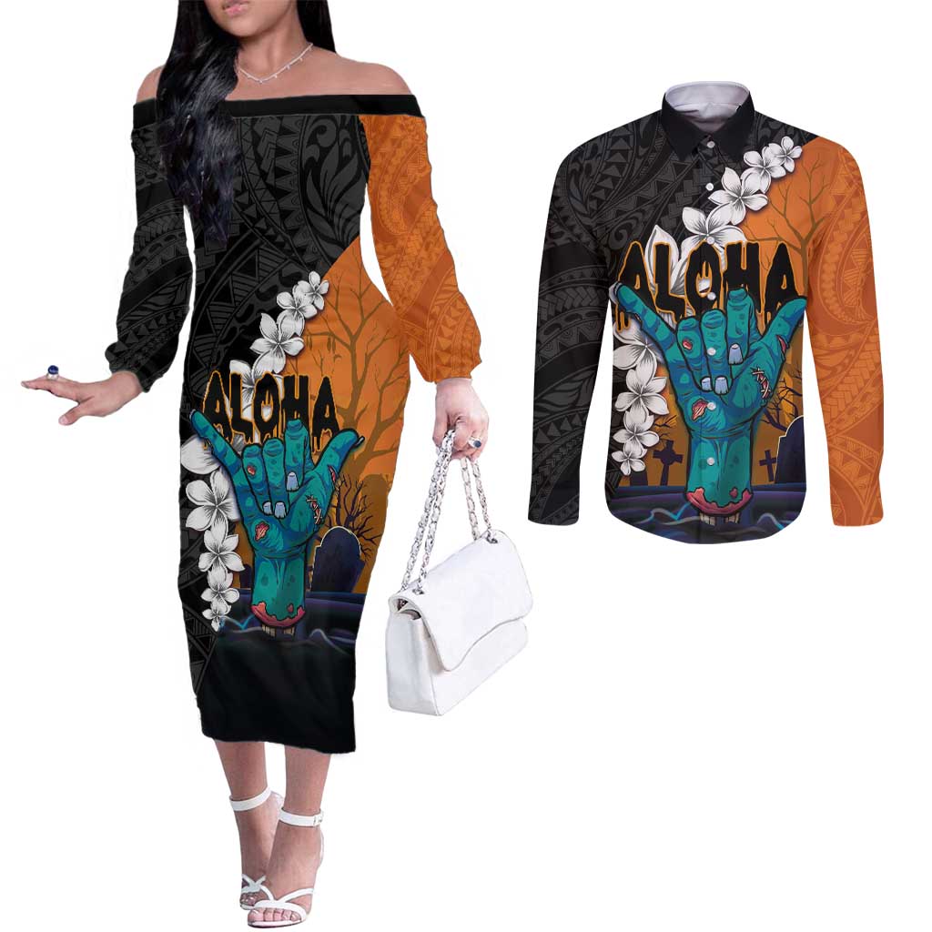 Hawaiian Halloween Couples Matching Off The Shoulder Long Sleeve Dress and Long Sleeve Button Shirt Horror Shaka Hand with Plumeria and Polynesian Tattoo Autumn Color LT03 Orange - Polynesian Pride