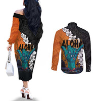 Hawaiian Halloween Couples Matching Off The Shoulder Long Sleeve Dress and Long Sleeve Button Shirt Horror Shaka Hand with Plumeria and Polynesian Tattoo Autumn Color LT03 - Polynesian Pride
