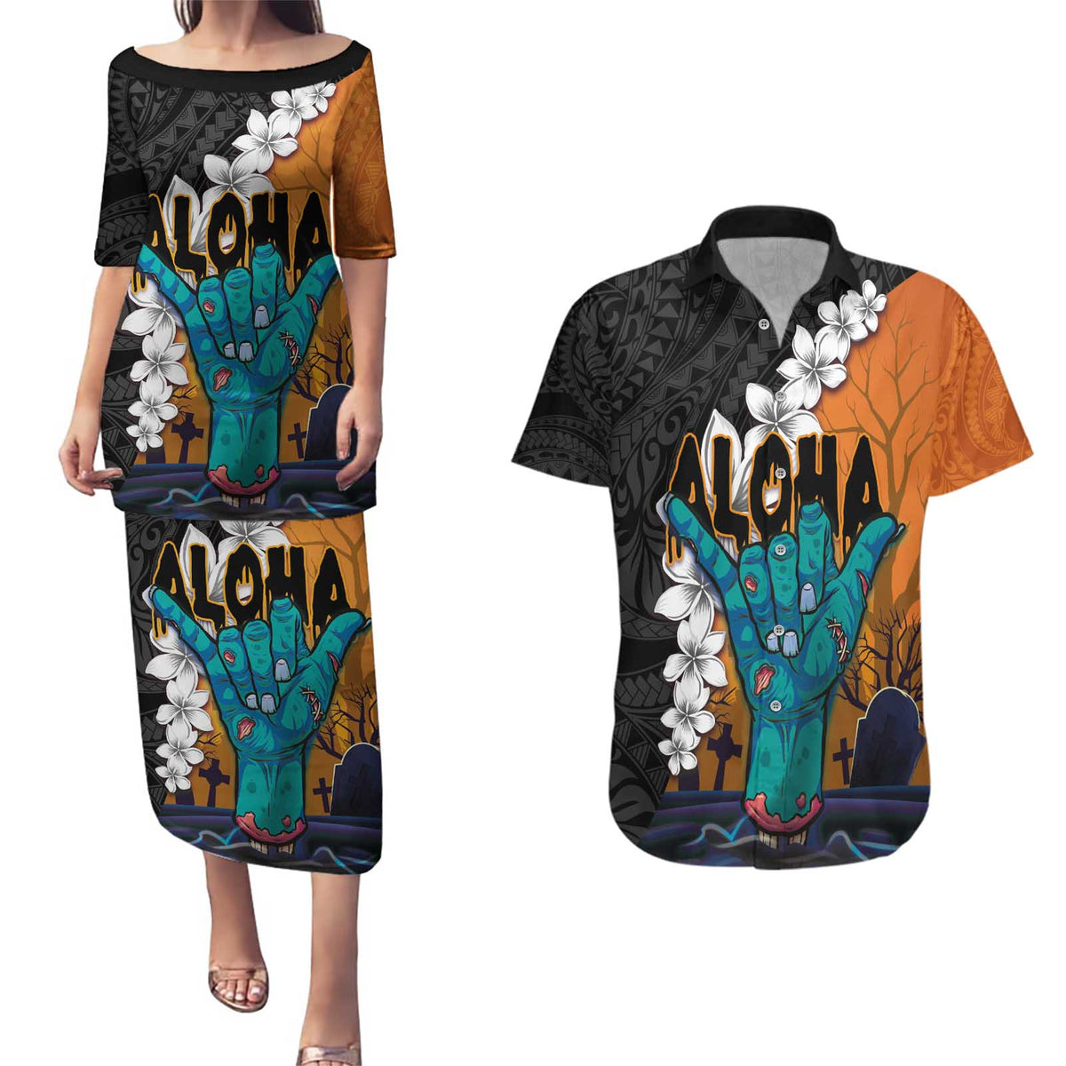 Hawaiian Halloween Couples Matching Puletasi and Hawaiian Shirt Horror Shaka Hand with Plumeria and Polynesian Tattoo Autumn Color LT03 Orange - Polynesian Pride
