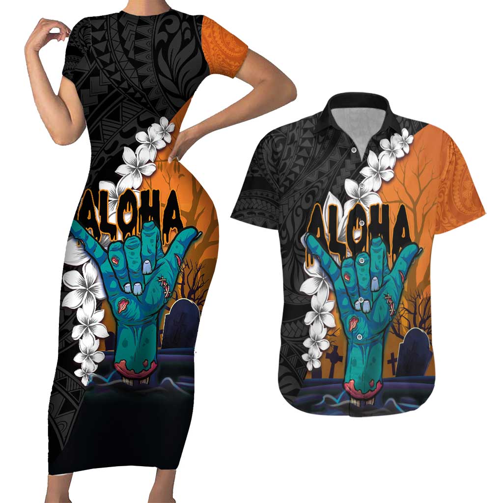 Hawaiian Halloween Couples Matching Short Sleeve Bodycon Dress and Hawaiian Shirt Horror Shaka Hand with Plumeria and Polynesian Tattoo Autumn Color LT03 Orange - Polynesian Pride