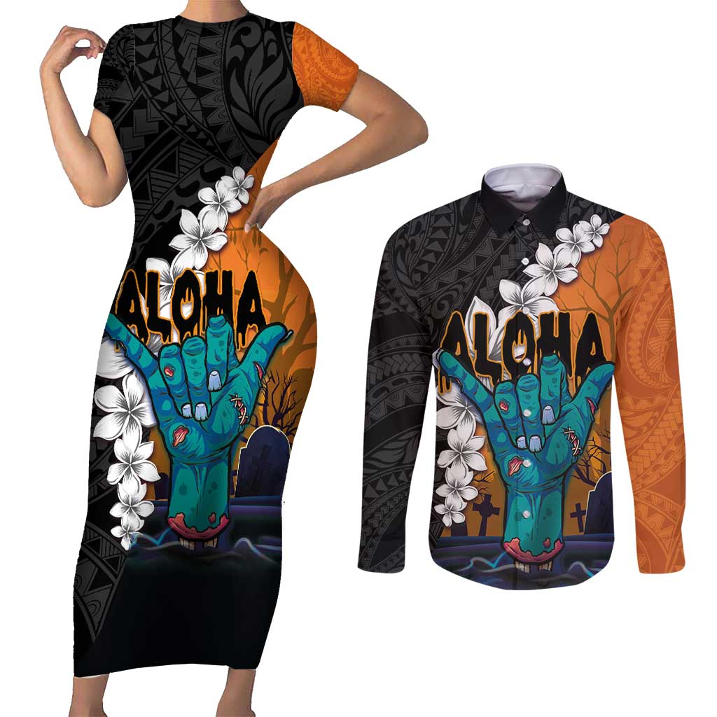 Hawaiian Halloween Couples Matching Short Sleeve Bodycon Dress and Long Sleeve Button Shirt Horror Shaka Hand with Plumeria and Polynesian Tattoo Autumn Color LT03 Orange - Polynesian Pride