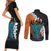 Hawaiian Halloween Couples Matching Short Sleeve Bodycon Dress and Long Sleeve Button Shirt Horror Shaka Hand with Plumeria and Polynesian Tattoo Autumn Color LT03 - Polynesian Pride