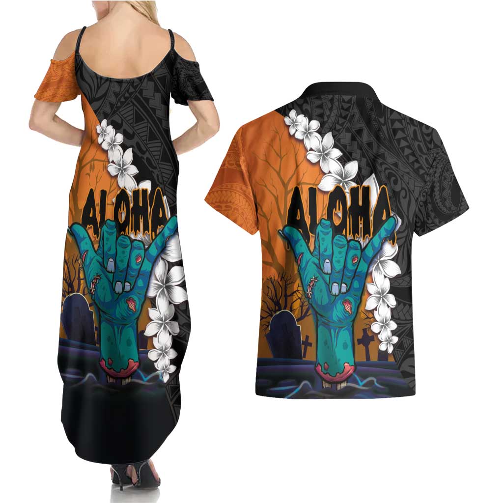 Hawaiian Halloween Couples Matching Summer Maxi Dress and Hawaiian Shirt Horror Shaka Hand with Plumeria and Polynesian Tattoo Autumn Color LT03 - Polynesian Pride