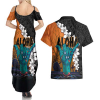 Hawaiian Halloween Couples Matching Summer Maxi Dress and Hawaiian Shirt Horror Shaka Hand with Plumeria and Polynesian Tattoo Autumn Color LT03 - Polynesian Pride
