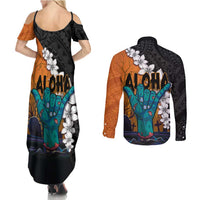 Hawaiian Halloween Couples Matching Summer Maxi Dress and Long Sleeve Button Shirt Horror Shaka Hand with Plumeria and Polynesian Tattoo Autumn Color LT03 - Polynesian Pride