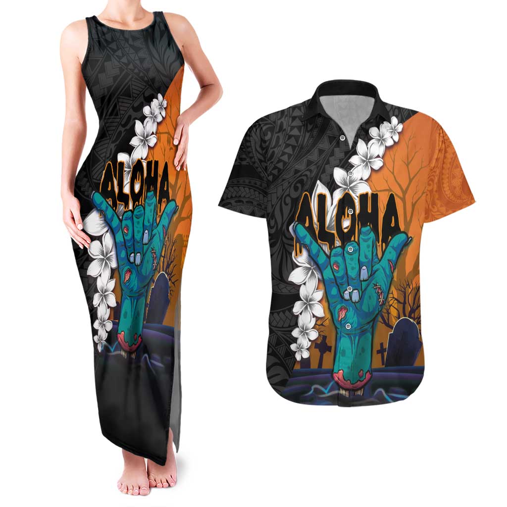 Hawaiian Halloween Couples Matching Tank Maxi Dress and Hawaiian Shirt Horror Shaka Hand with Plumeria and Polynesian Tattoo Autumn Color LT03 Orange - Polynesian Pride