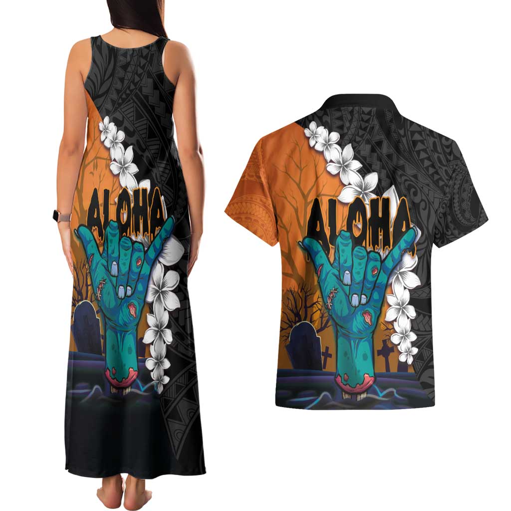 Hawaiian Halloween Couples Matching Tank Maxi Dress and Hawaiian Shirt Horror Shaka Hand with Plumeria and Polynesian Tattoo Autumn Color LT03 - Polynesian Pride