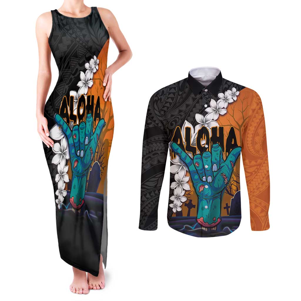 Hawaiian Halloween Couples Matching Tank Maxi Dress and Long Sleeve Button Shirt Horror Shaka Hand with Plumeria and Polynesian Tattoo Autumn Color LT03 Orange - Polynesian Pride