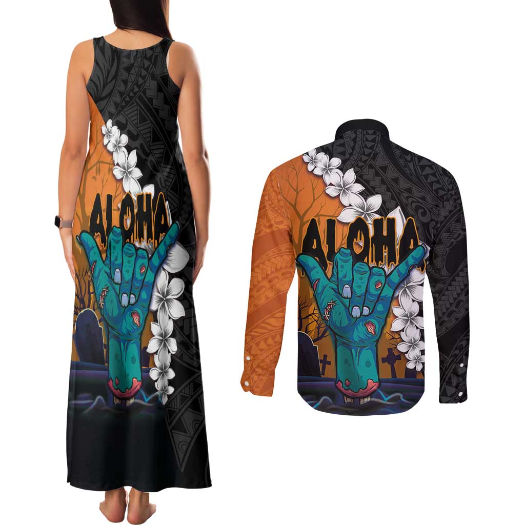 Hawaiian Halloween Couples Matching Tank Maxi Dress and Long Sleeve Button Shirt Horror Shaka Hand with Plumeria and Polynesian Tattoo Autumn Color LT03 - Polynesian Pride