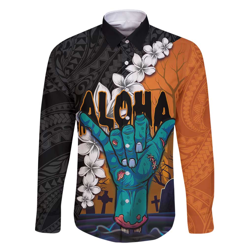 Hawaiian Halloween Family Matching Long Sleeve Bodycon Dress and Hawaiian Shirt Horror Shaka Hand with Plumeria and Polynesian Tattoo Autumn Color LT03 Dad's Shirt - Long Sleeve Orange - Polynesian Pride