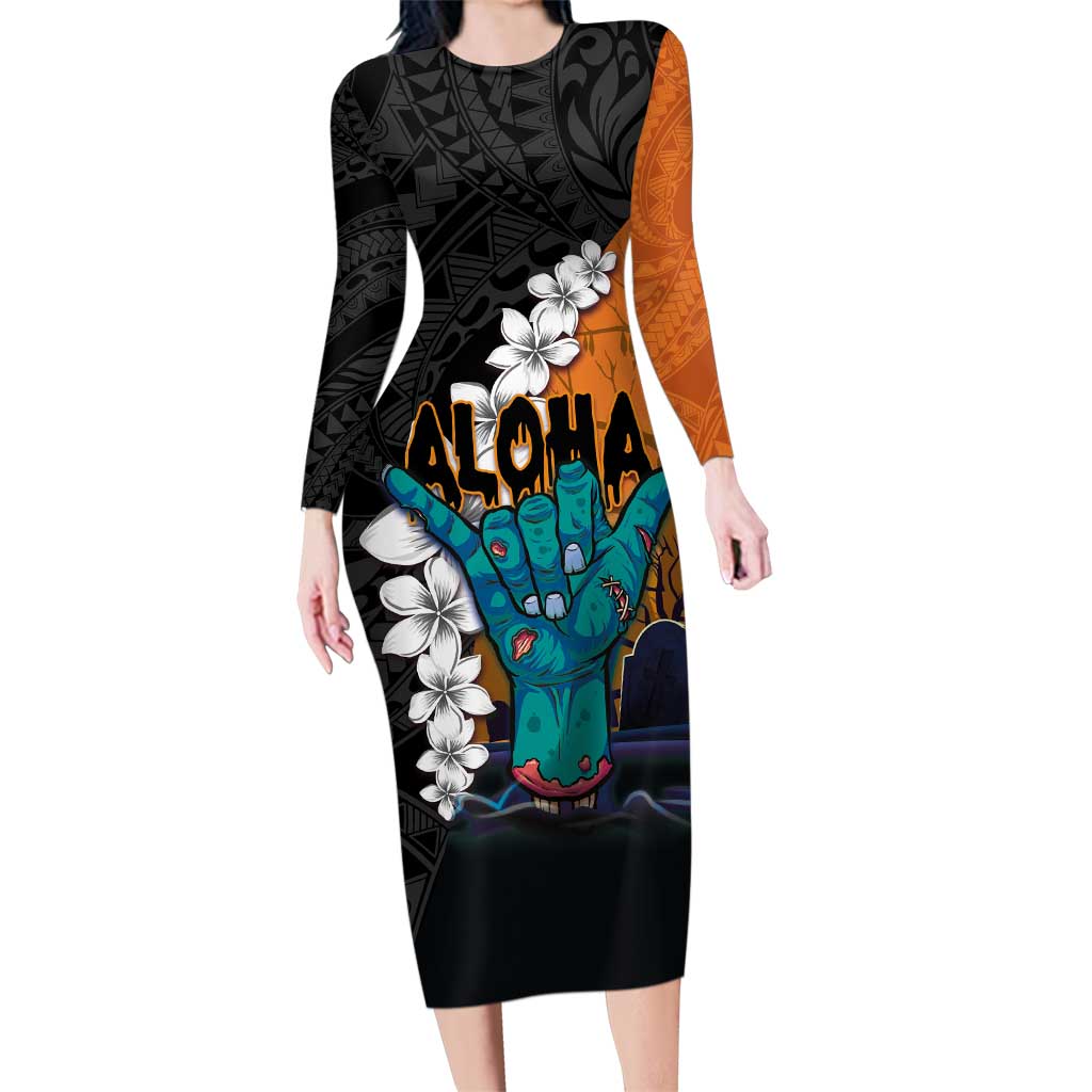 Hawaiian Halloween Family Matching Long Sleeve Bodycon Dress and Hawaiian Shirt Horror Shaka Hand with Plumeria and Polynesian Tattoo Autumn Color LT03 Mom's Dress Orange - Polynesian Pride