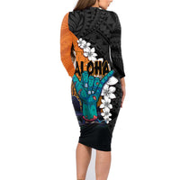 Hawaiian Halloween Family Matching Long Sleeve Bodycon Dress and Hawaiian Shirt Horror Shaka Hand with Plumeria and Polynesian Tattoo Autumn Color LT03 - Polynesian Pride