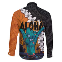 Hawaiian Halloween Family Matching Mermaid Dress and Hawaiian Shirt Horror Shaka Hand with Plumeria and Polynesian Tattoo Autumn Color LT03 - Polynesian Pride