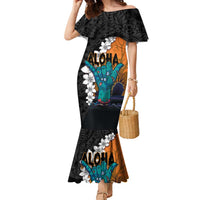 Hawaiian Halloween Family Matching Mermaid Dress and Hawaiian Shirt Horror Shaka Hand with Plumeria and Polynesian Tattoo Autumn Color LT03 Mom's Dress Orange - Polynesian Pride