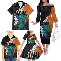 Hawaiian Halloween Family Matching Off The Shoulder Long Sleeve Dress and Hawaiian Shirt Horror Shaka Hand with Plumeria and Polynesian Tattoo Autumn Color LT03 - Polynesian Pride