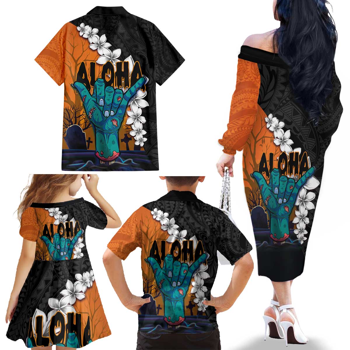Hawaiian Halloween Family Matching Off The Shoulder Long Sleeve Dress and Hawaiian Shirt Horror Shaka Hand with Plumeria and Polynesian Tattoo Autumn Color LT03 - Polynesian Pride