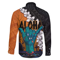 Hawaiian Halloween Family Matching Off The Shoulder Long Sleeve Dress and Hawaiian Shirt Horror Shaka Hand with Plumeria and Polynesian Tattoo Autumn Color LT03 - Polynesian Pride