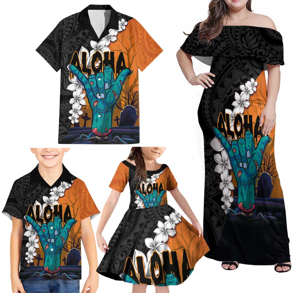 Hawaiian Halloween Family Matching Off Shoulder Maxi Dress and Hawaiian Shirt Horror Shaka Hand with Plumeria and Polynesian Tattoo Autumn Color LT03 - Polynesian Pride