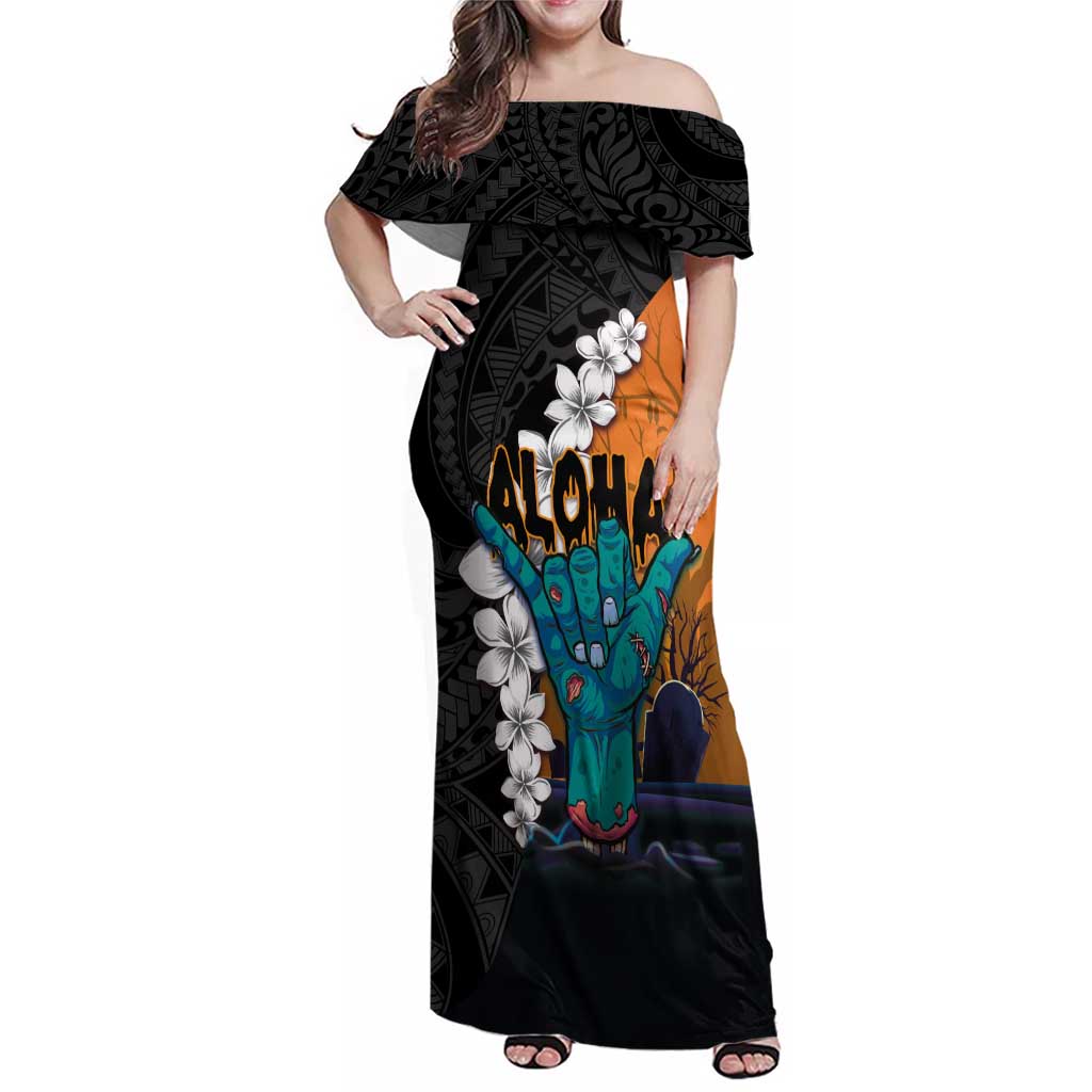 Hawaiian Halloween Family Matching Off Shoulder Maxi Dress and Hawaiian Shirt Horror Shaka Hand with Plumeria and Polynesian Tattoo Autumn Color LT03 Mom's Dress Orange - Polynesian Pride