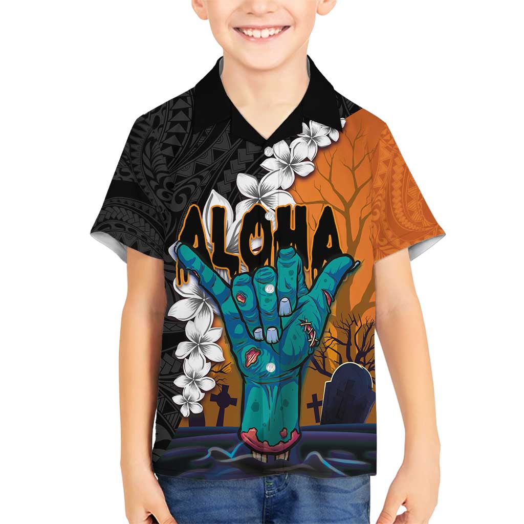 Hawaiian Halloween Family Matching Off Shoulder Maxi Dress and Hawaiian Shirt Horror Shaka Hand with Plumeria and Polynesian Tattoo Autumn Color LT03 Son's Shirt Orange - Polynesian Pride
