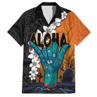 Hawaiian Halloween Family Matching Off Shoulder Short Dress and Hawaiian Shirt Horror Shaka Hand with Plumeria and Polynesian Tattoo Autumn Color LT03 Dad's Shirt - Short Sleeve Orange - Polynesian Pride
