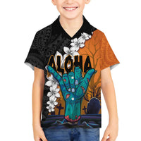 Hawaiian Halloween Family Matching Off Shoulder Short Dress and Hawaiian Shirt Horror Shaka Hand with Plumeria and Polynesian Tattoo Autumn Color LT03 Son's Shirt Orange - Polynesian Pride