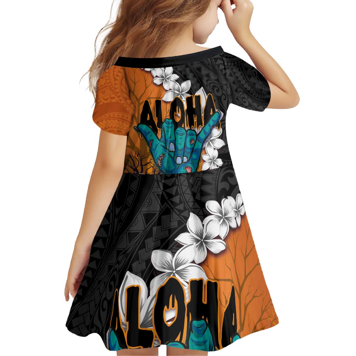Hawaiian Halloween Family Matching Puletasi and Hawaiian Shirt Horror Shaka Hand with Plumeria and Polynesian Tattoo Autumn Color LT03 - Polynesian Pride