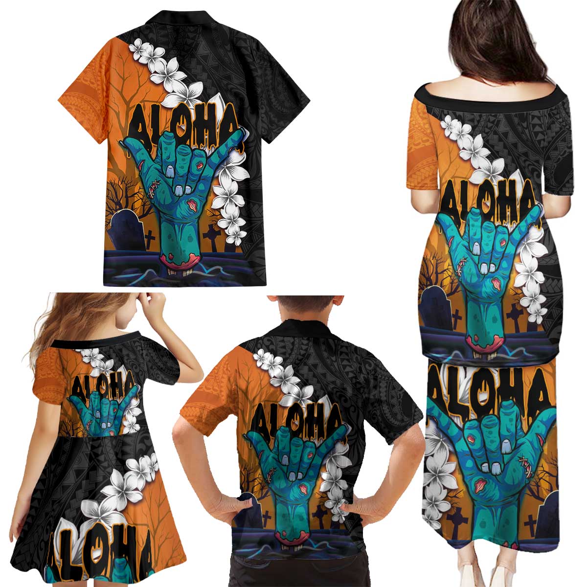 Hawaiian Halloween Family Matching Puletasi and Hawaiian Shirt Horror Shaka Hand with Plumeria and Polynesian Tattoo Autumn Color LT03 - Polynesian Pride
