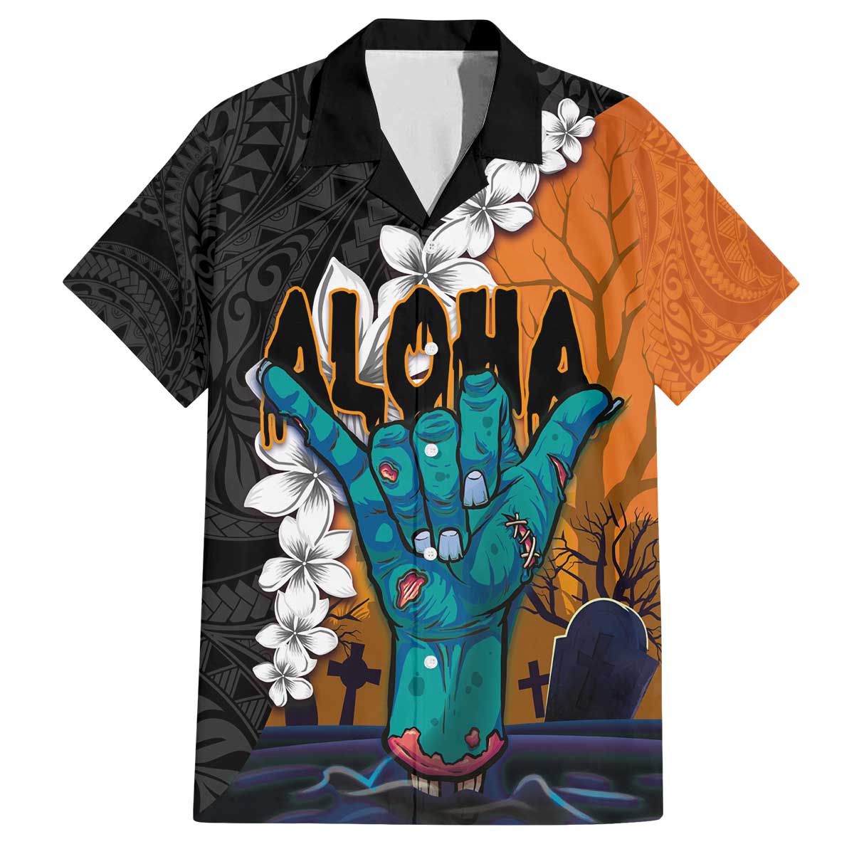 Hawaiian Halloween Family Matching Puletasi and Hawaiian Shirt Horror Shaka Hand with Plumeria and Polynesian Tattoo Autumn Color LT03 Dad's Shirt - Short Sleeve Orange - Polynesian Pride
