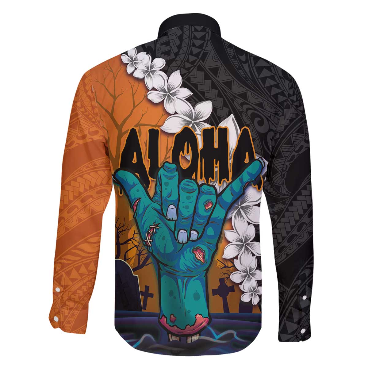 Hawaiian Halloween Family Matching Puletasi and Hawaiian Shirt Horror Shaka Hand with Plumeria and Polynesian Tattoo Autumn Color LT03 - Polynesian Pride