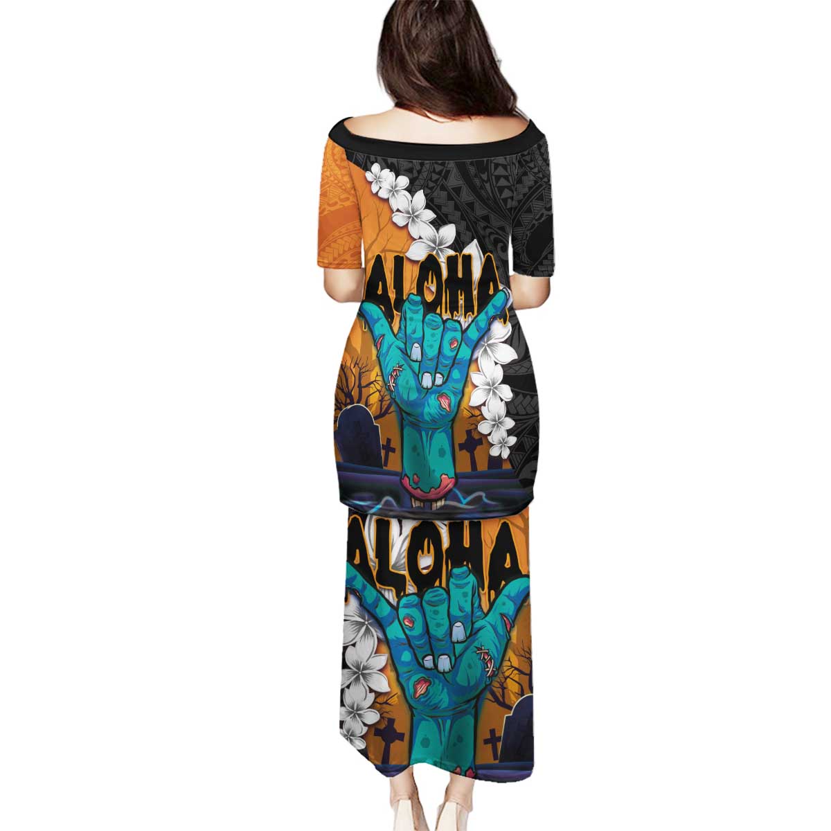 Hawaiian Halloween Family Matching Puletasi and Hawaiian Shirt Horror Shaka Hand with Plumeria and Polynesian Tattoo Autumn Color LT03 - Polynesian Pride