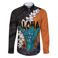 Hawaiian Halloween Family Matching Short Sleeve Bodycon Dress and Hawaiian Shirt Horror Shaka Hand with Plumeria and Polynesian Tattoo Autumn Color LT03 Dad's Shirt - Long Sleeve Orange - Polynesian Pride